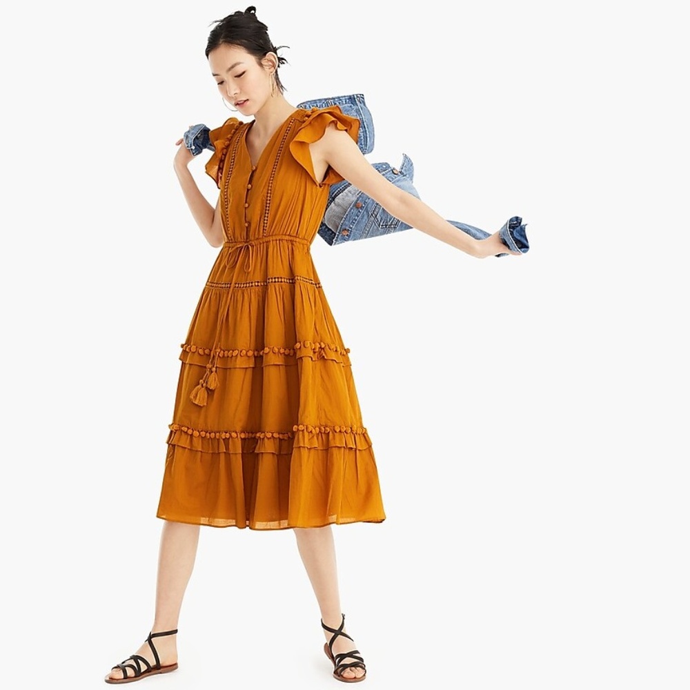 Point Sur flutter-sleeve pom-pom midi dress in cot